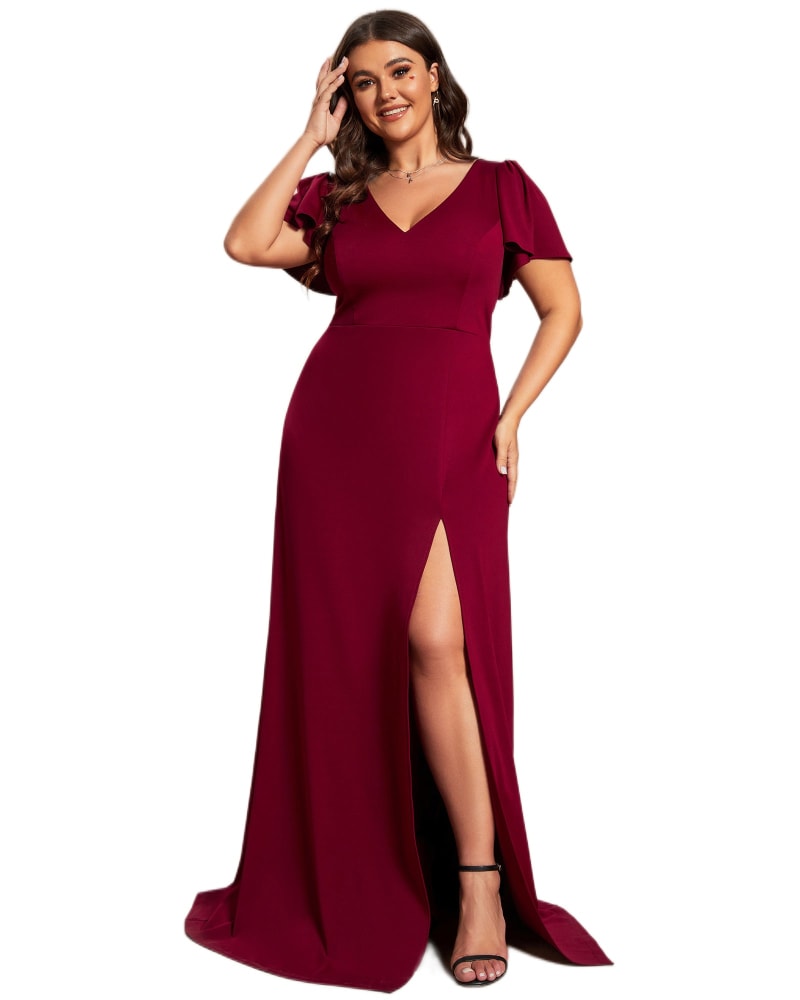 Front of a model wearing a size 26 Ruffles Sleeve A-Line Front Slit Bridesmaid Dress in Burgundy by Ever-Pretty. | dia_product_style_image_id:302490